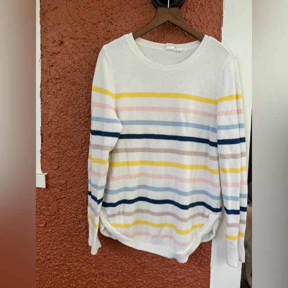Gap Womens White Stripe Round Neck Pullover Jumper Size Large White Pink Blue - Picture 1 of 7